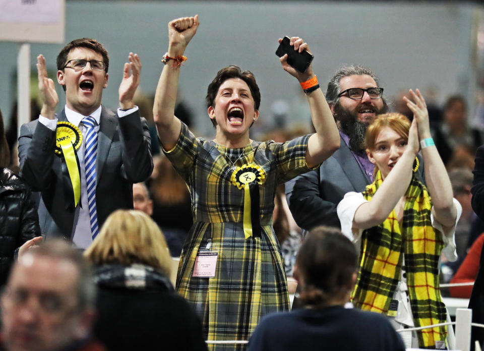 The SNP's Alison Thewliss (centre) celebrates a victory for her party in the 2019 General Election during the count at SEC Centre in Glasgow. (Photo by Andrew Milligan/PA Images via Getty Images)