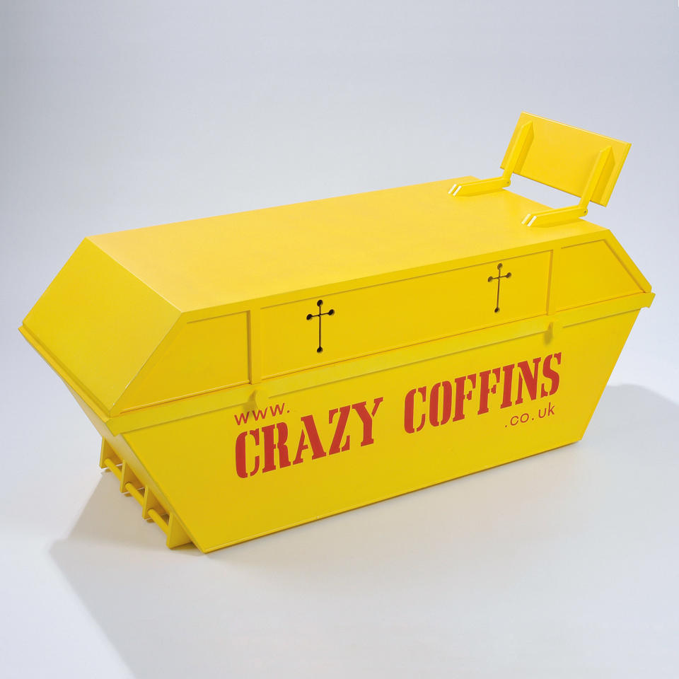 A coffin in the shape of a trash container. (Photo: Caters News)