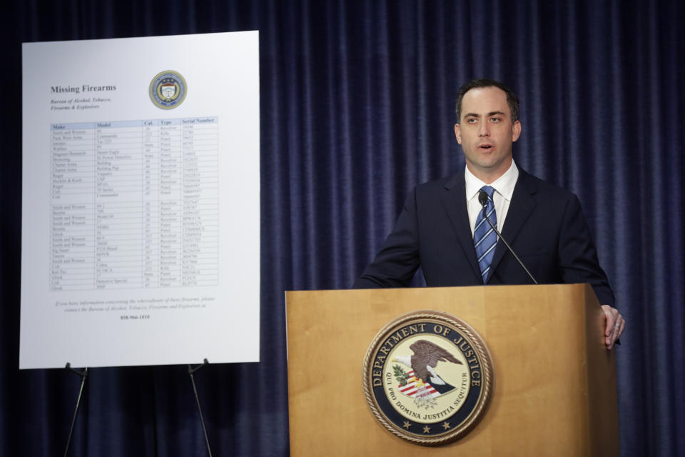 First Assistant U.S. Attorney Peter Mazza speaks during a news conference Friday, Nov. 22, 2019, in San Diego. Federal agents have arrested former San Diego County Sheriff's Captain Marco Garmo under charges of operating an illegal firearms trafficking business. (AP Photo/Gregory Bull)