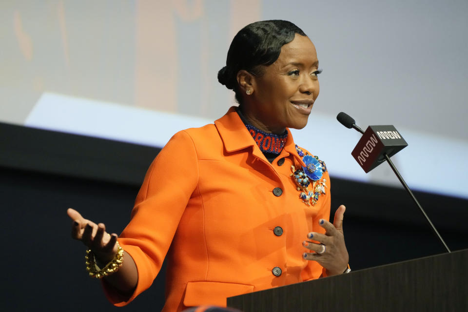 Mellody Hobson, a limited partner in the Walton-Penner ownership group which bought the Denver Broncos, talks during a news conference at the NFL football team's headquarters Wednesday, Aug. 10, 2022, in Centennial, Colo. (AP Photo/David Zalubowski)