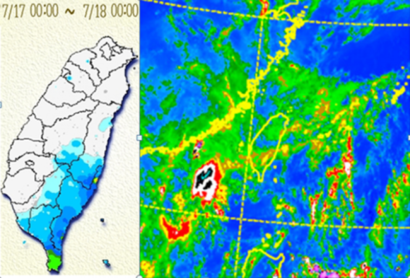 左圖：昨17日雨量圖顯示，台灣東南方的雲層在移入時，造成迎風面（花蓮、台東及高、屏）降雨，雲層移入背風面時減弱，只剩一些中層雲，遮蔽地表加熱，反而破壞午後對流的發生。  右圖：今晨3:50紅外線雲圖顯示，台灣上空仍有很多消散中的中高雲，天亮後仍將持續消散，各地感受上都是晴朗的。  （圖／翻攝自洩天機教室）