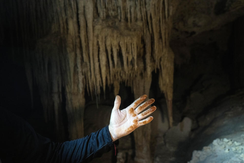 El ingeniero Guillermo D. Christy muestra su mano manchada de óxido tras tocar una columna de acero rellena de concreto instalada para proporcionar apoyo a una parte de la vía del Tren Maya, dentro del sistema de cavernas Aktun Tuyul, el domingo 3 de marzo de 2024, en las afueras de Playa del Carmen, México. La construcción de este ferrocarril en la península mexicana de Yucatán está destruyendo rápidamente muchas de las cavernas subterráneas y depósitos de agua, llamados cenotes, que ya se encuentran amenazados por el desarrollo y el turismo masivo. (AP Foto/Rodrigo Abd)