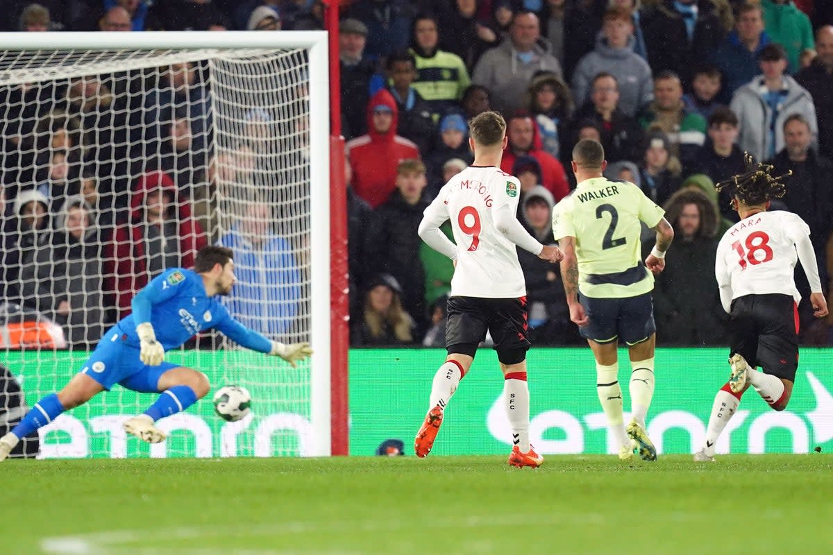 Sekou Mara (right) scores Southampton’s opening goal (David Davies/PA) (PA Wire)