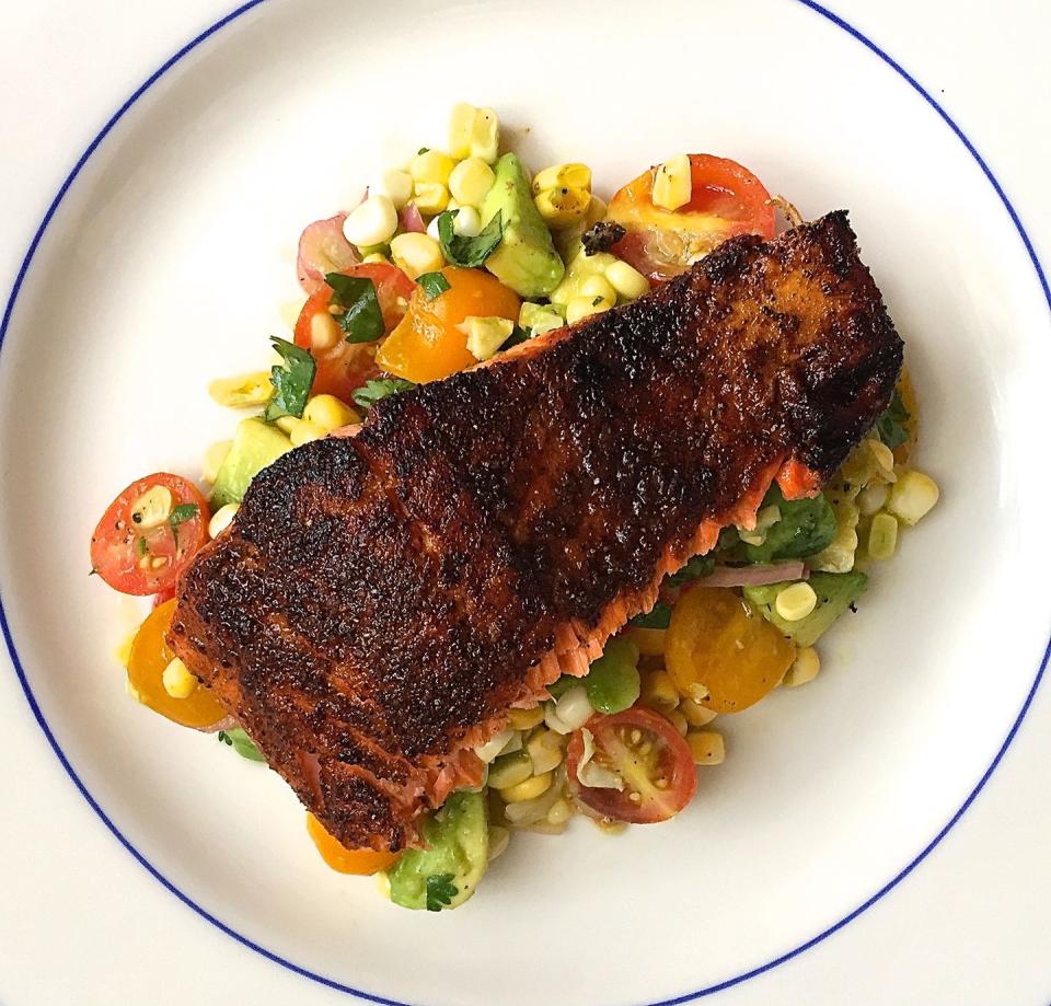 Blackened Salmon with Corn, Tomato, and Avocado Salad