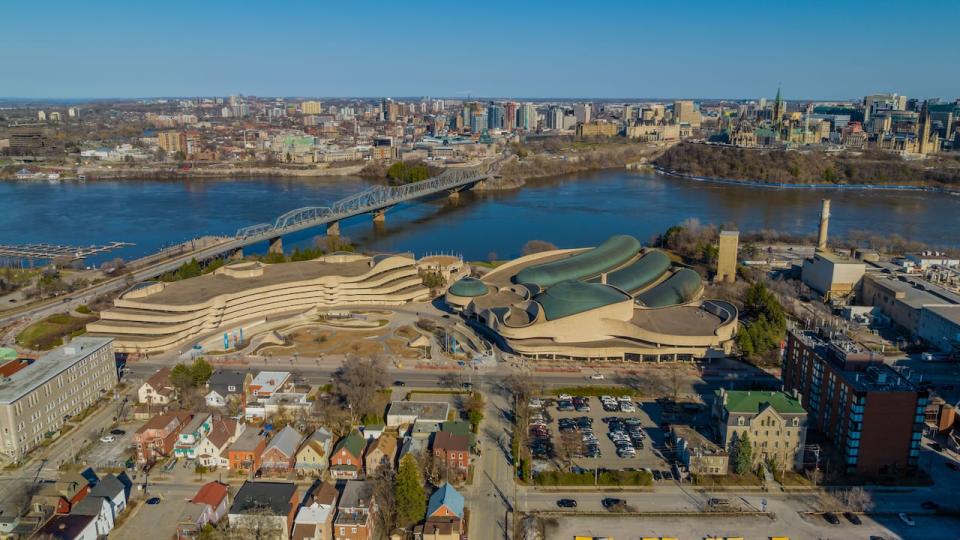 Hull in Gatineau, Que., with the Canadian Museum of History next to the Ottawa River, in April 2023. This photo was taken using a drone.