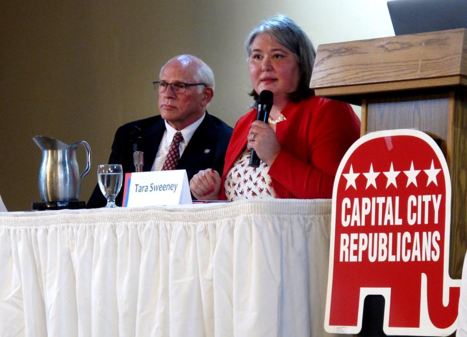 Republican Tara Sweeney, right, speaks Monday, May 16, 2022, at a forum in Juneau, Alaska. Sweeney is among 48 candidates in a June 11 special primary for Alaska's lone house seat.