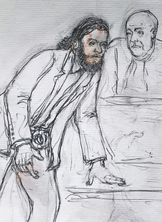 A courtroom sketch made February 7, 2018 shows Salah Abdesalam, prime suspect in the November 2015 Paris attacks at Monday's opening of his trial at a courthouse in Brussels