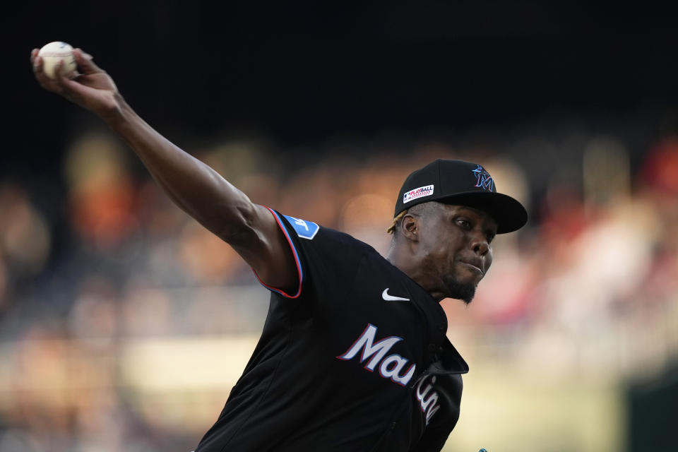 Miami Marlins relief pitcher Huascar Brazoban delivers against the Washington Nationals during the third inning of a baseball game at Nationals Park in Washington, Friday, June 14, 2024. (AP Photo/Susan Walsh)