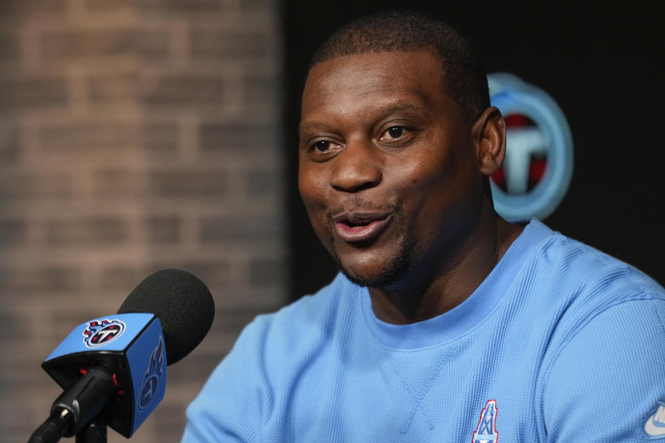 Tennessee Titans defensive coordinator Dennard Wilson responds to questions during a news conference at the NFL football team's training facility Wednesday, Feb. 14, 2024, in Nashville, Tenn. (AP Photo/George Walker IV)