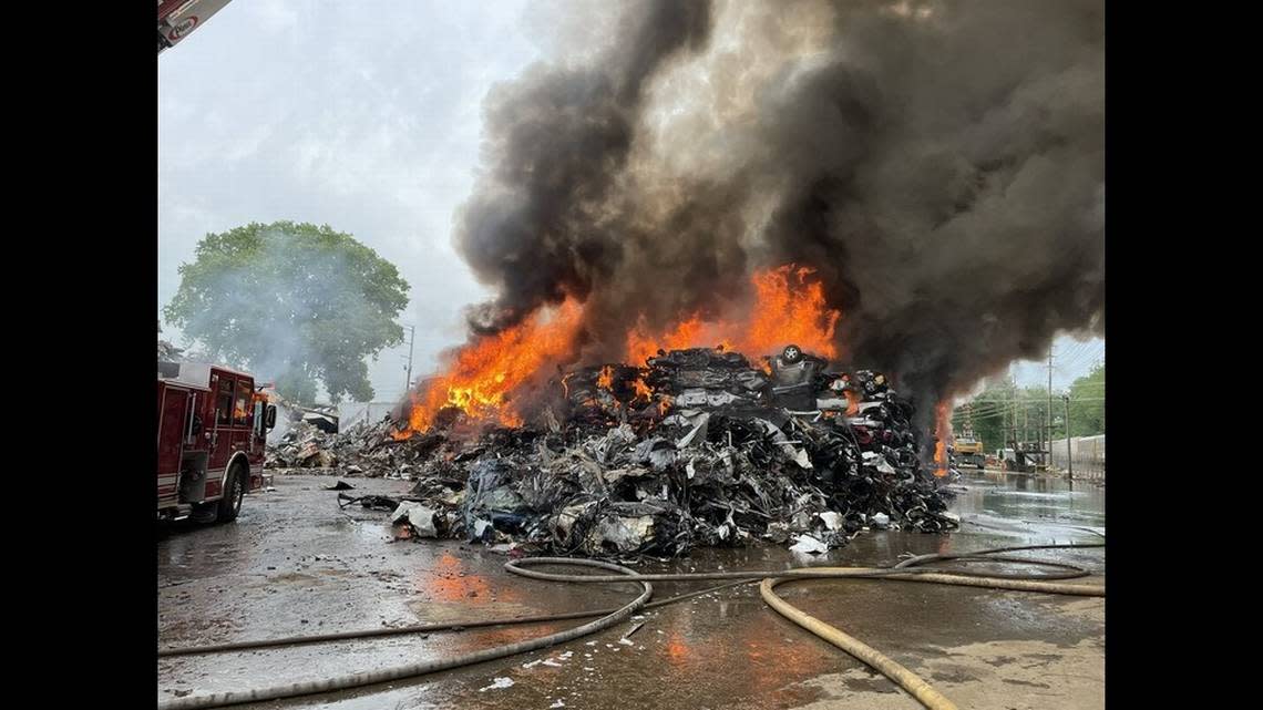 A fire at a Kansas City, Kansas, recycling center burned for hours Friday. Among the burning wreckage they saw automobiles, refrigerators and propane tanks, some still containing fuel that fed the fire.