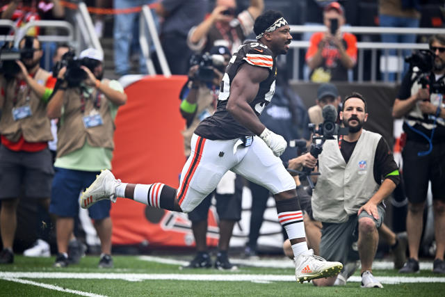 Cleveland Browns defensive end Myles Garrett runs on the field