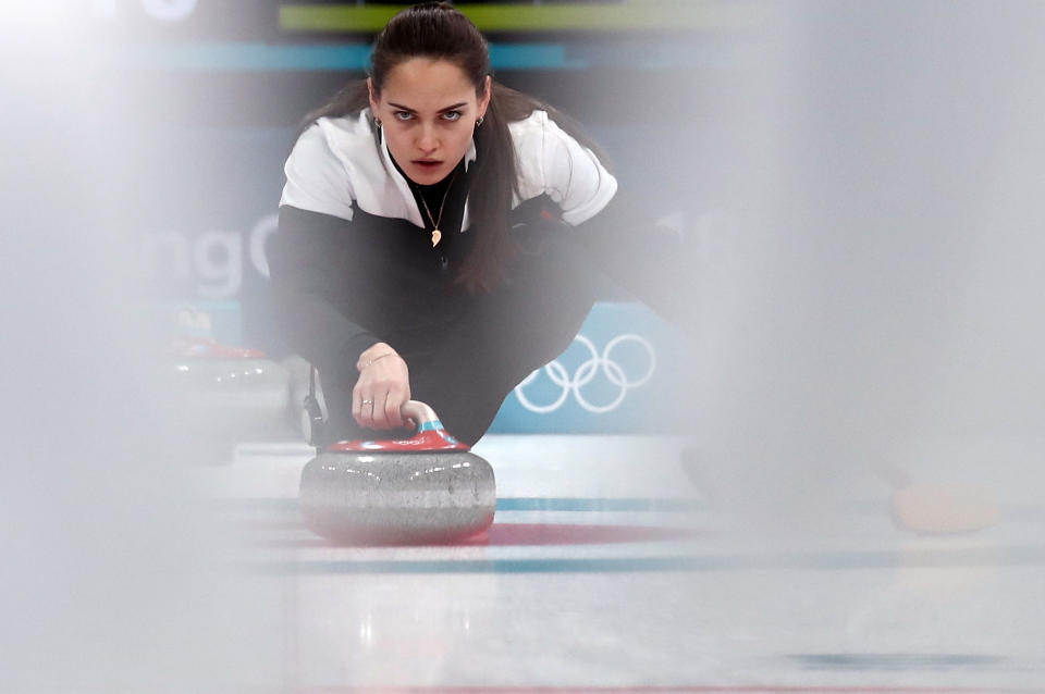 <p>Anastasia Bryzgalova of Olympic Athletes from Russia delivers a stone against Norway during the Curling Mixed Doubles Bronze Medal Game on day four of the PyeongChang 2018 Winter Olympic Games at Gangneung Curling Centre on February 13, 2018 in Gangneung, South Korea. (Photo by Ronald Martinez/Getty Images) </p>