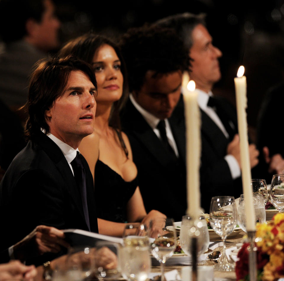 BEVERLY HILLS, CA - MAY 05: (L-R) Actors Tom Cruise, Katie Holmes, Connor Cruise and Brad Grey, Chairman and CEO, Paramount Pictures are seen in the audience at the Simon Wiesenthal Center's Annual National Tribute Dinner at the Beverly Wilshire Hotel on May 5, 2011 in Beverly Hills, California. (Photo by Kevin Winter/Getty Images)