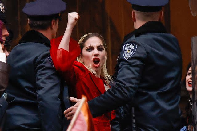 <p>KENA BETANCUR/AFP via Getty Images</p> Lady Gaga filming scenes for 'Joker: Folie á Deux' on March 25, 2023