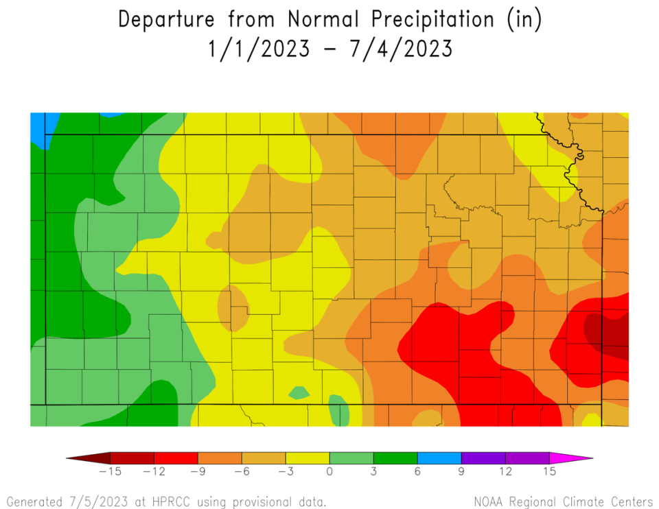 This map shows rainfall deficits in Kansas so far this year compared to the average rainfall. High Plains Regional Climate Center