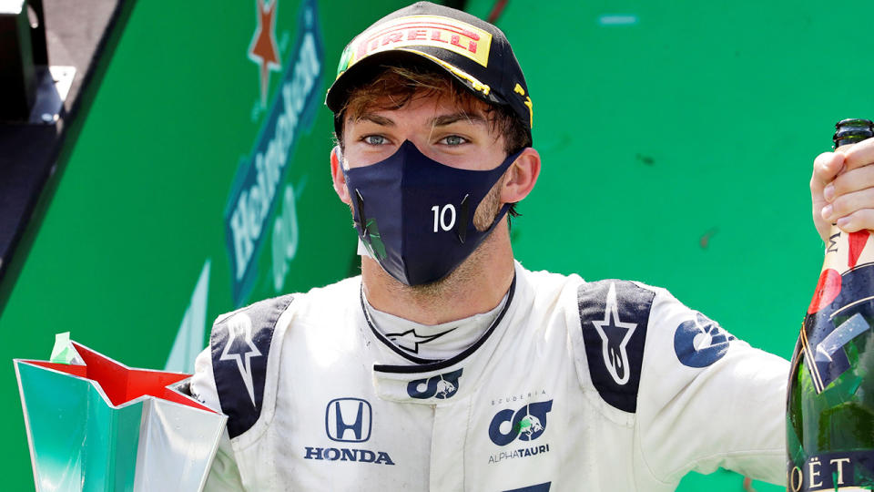 French driver Pierre Gasly is pictured celebrating after winning the Italian Grand Prix. 