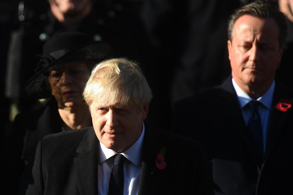 Prime Minister Boris Johnson and former prime minister David Cameron during the Remembrance Sunday service at the Cenotaph memorial in Whitehall, central London.