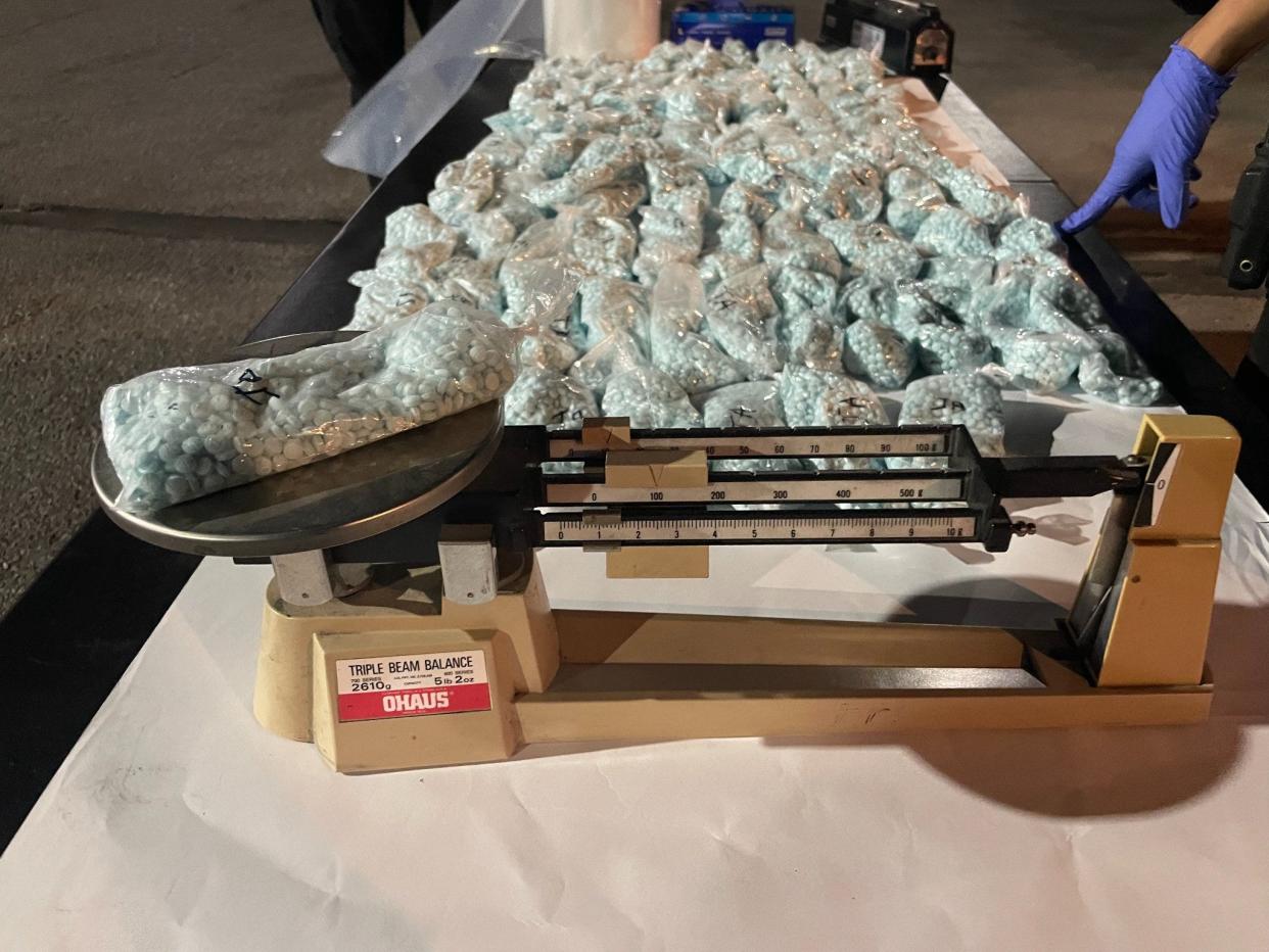 Barstow police seized roughly 20 pounds of fentanyl pills at an estimated value of $350,000 during a traffic stop on Thursday, June 30, 2022.