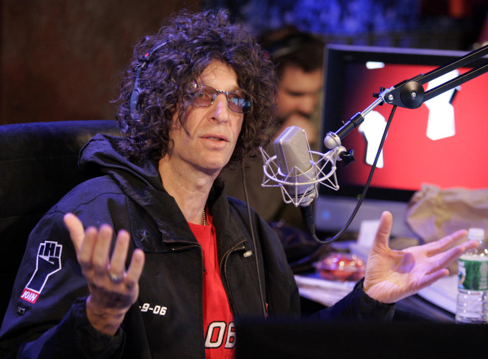 Radio personality Howard Stern responds to a question at an on-air news conference during his debut show on Sirius Satellite Radio, in New York, Monday Jan. 9, 2006. (AP Photo/Richard Drew)