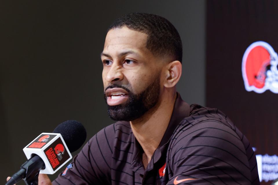 Cleveland Browns general manager Andrew Berry speaks during a news conference where Deshaun Watson was introduced at the NFL football team's training facility, Friday, March 25, 2022, in Berea, Ohio. (AP Photo/Ron Schwane)