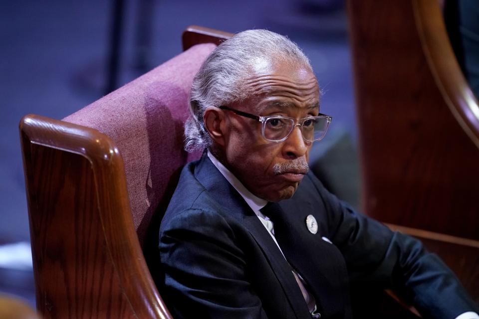Rev. Al Sharpton sits in the stand during the funeral service for Tyre Nichols at Mississippi Boulevard Christian Church in Memphis, Tenn., on Wednesday, Feb. 1, 2023.