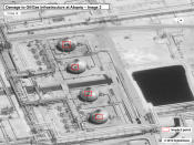 This image provided on Sunday, Sept. 15, 2019, by the U.S. government and DigitalGlobe and annotated by the source, shows damage to the infrastructure at Saudi Aramco's Abaqaiq oil processing facility in Buqyaq, Saudi Arabia. The drone attack Saturday on Saudi Arabia's Abqaiq plant and its Khurais oil field led to the interruption of an estimated 5.7 million barrels of the kingdom's crude oil production per day, equivalent to more than 5% of the world's daily supply. (U.S. government/Digital Globe via AP)