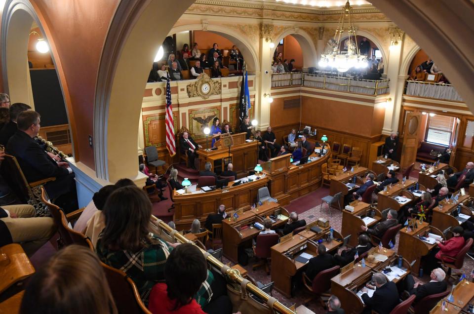 Governor Kristi Noem gives the State of the State address on Tuesday, January 10, 2023, at the South Dakota State Capitol in Pierre.