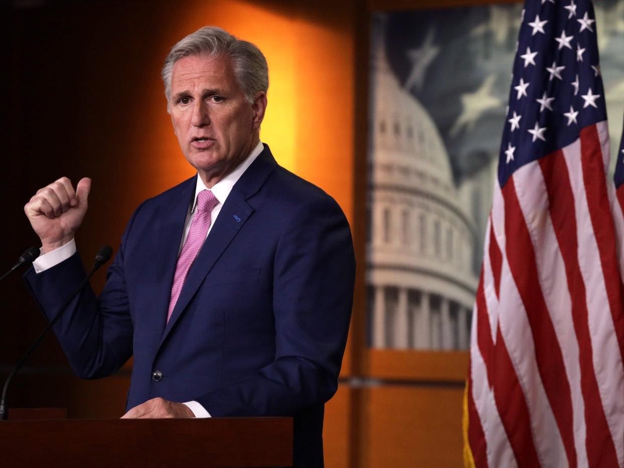 House Minority Leader Kevin McCarthy speaks during a weekly Capitol Hill press conference on May 28, 2020 in Washington, DC.