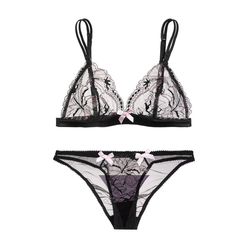 <a rel="nofollow noopener" href="http://rstyle.me/n/cc5yswjduw" target="_blank" data-ylk="slk:Macie Leavers Lace And Satin Soft-Cup Triangle Bra, L'Agent by Agent Provocateur, $80;elm:context_link;itc:0;sec:content-canvas" class="link ">Macie Leavers Lace And Satin Soft-Cup Triangle Bra, L'Agent by Agent Provocateur, $80</a><a rel="nofollow noopener" href="http://rstyle.me/n/cc5ytvjduw" target="_blank" data-ylk="slk:Macie Leavers Lace And Tulle Briefs, L'Agent by Agent Provocateur, $50;elm:context_link;itc:0;sec:content-canvas" class="link ">Macie Leavers Lace And Tulle Briefs, L'Agent by Agent Provocateur, $50</a>