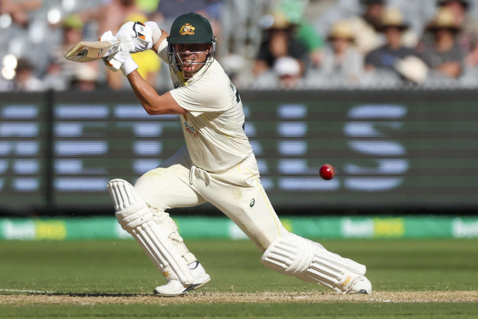 Australia's David Warner bats during the second cricket test between South Africa and Australia at the Melbourne Cricket Ground, Australia, Monday, Dec. 26, 2022. (AP Photo/Asanka Brendon Ratnayake)