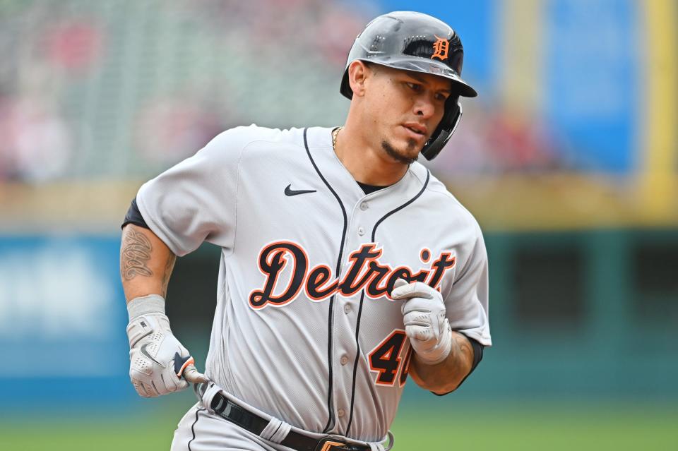 Detroit Tigers catcher Wilson Ramos (40) rounds the bases after hitting a home run during the seventh inning April 11, 2021, against Cleveland at Progressive Field.