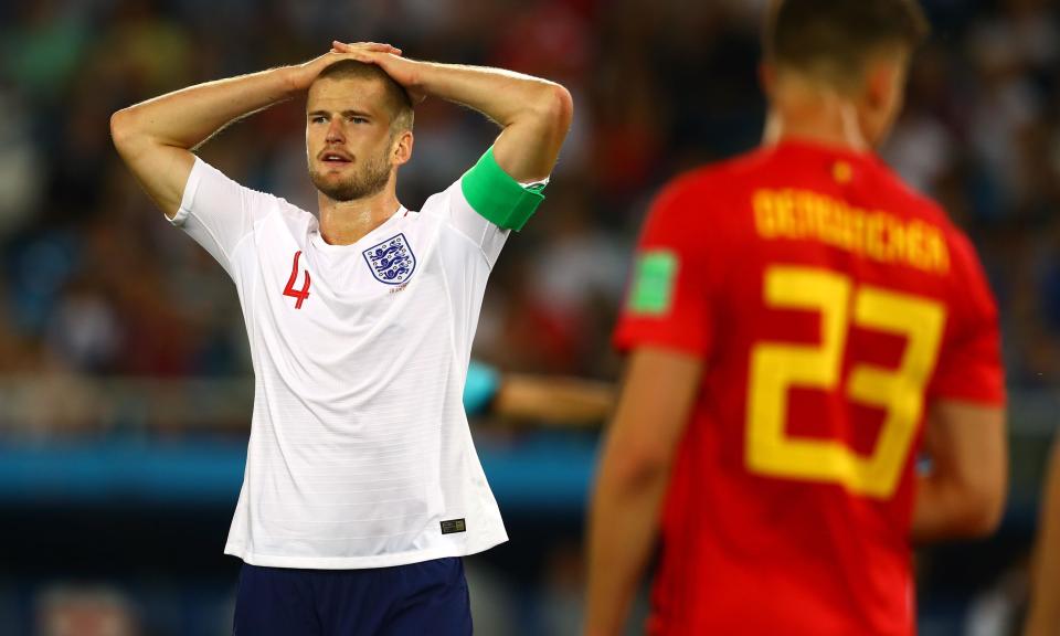 Not a good night: Eric Dier looks dejected during the defeat to Belgium.