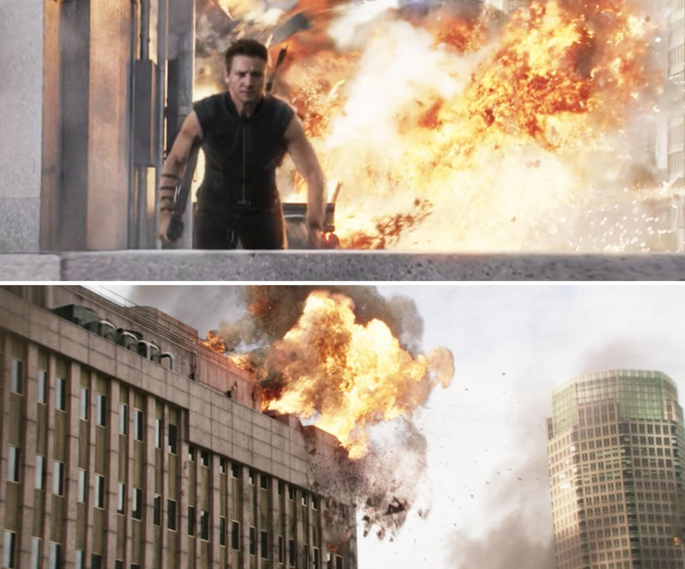 <div><p>"Most of it is new, but there's that iconic moment of Jeremy running and that bit where we see him on the roof, that was old footage," Rhys explained. "I actually had the thrilling and weird experience of being able to go and look at the dailies and unused angles and moments that they had from <i>Avengers</i>. There was Jeremy from that first movie, against a green screen, performing that leap. So it was a fun moment." </p></div><span> Marvel / Disney+</span>