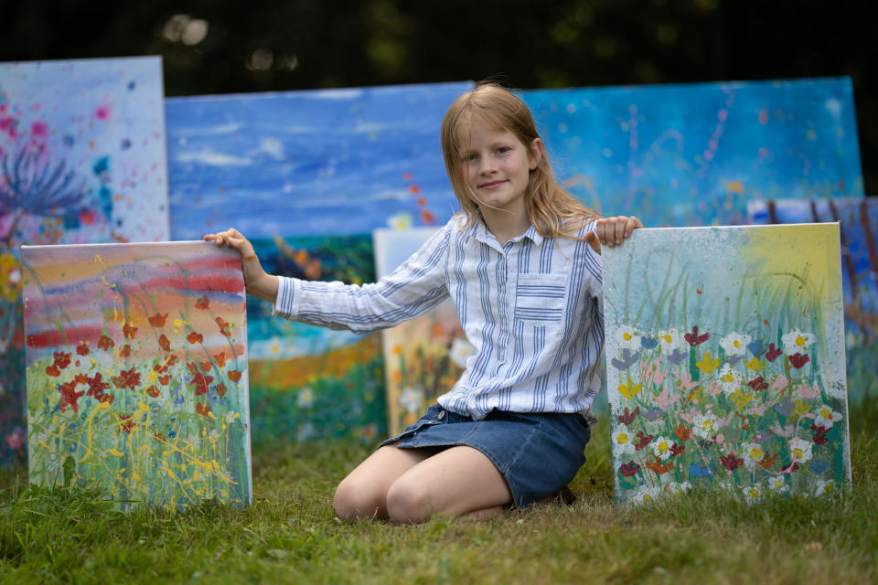 Daisy Watt only started painting four years ago when two of her grandparents were diagnosed with cancer and she painted them a picture to cheer them up. Her mum Karen, 50, spotted her talent, and asked if she'd like to paint a canvas to be displayed at a local gallery and auctioned for two cancer charities. Bidders from all over the world fought to buy the work featuring forget-me-nots for those who had died and bright flowers for those who survived, and it went for £9,500 