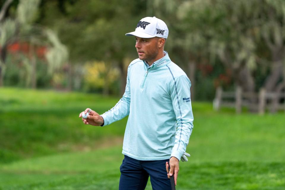 February 3, 2024; Pebble Beach, California, USA; Eric Cole acknowledges the crowd after making his putt on the second hole during the third round of the AT&T Pebble Beach Pro-Am golf tournament at Pebble Beach Golf Links. Mandatory Credit: Kyle Terada-USA TODAY Sports