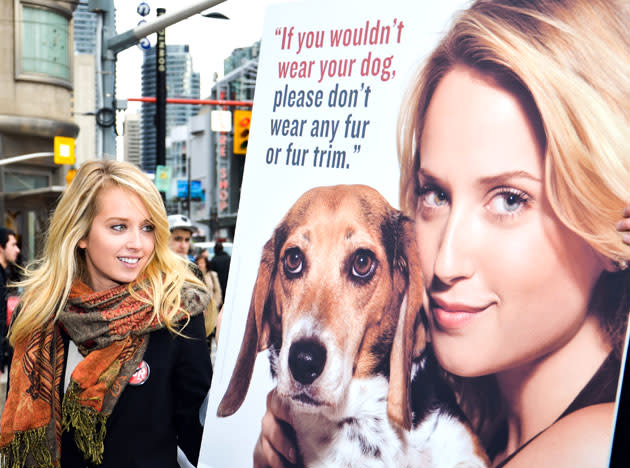 Actress Megan Park unveils new PETA anti-fur ad at the intersection of Yonge and Dundas streets on January 10, 2012 in Toronto, Canada. (Photo by George Pimentel/WireImage)