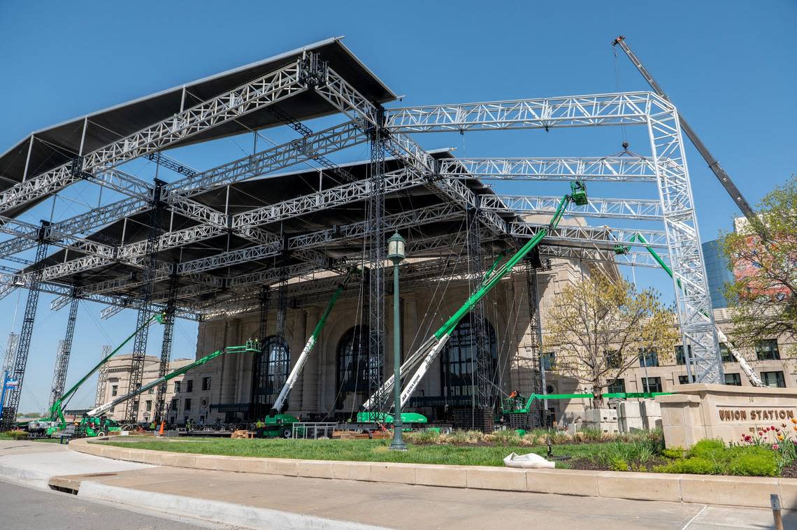 The NFL Draft theater is seen being assembled at Union Station on Tuesday, April 18, 2023, in Kansas City.