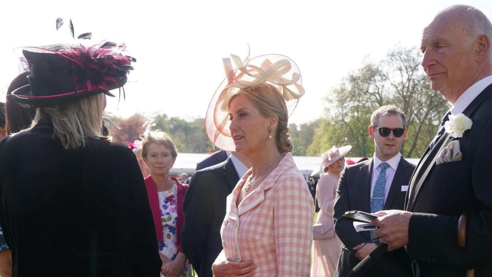 Sophie in fascinator and pink check dress talking in garden