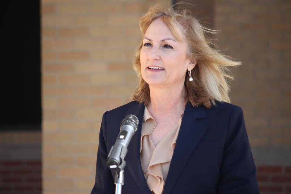 Frenship Superintendent Michelle McCord speaks at a ribbon cutting ceremony for Alcove Trails Middle School on Wednesday.