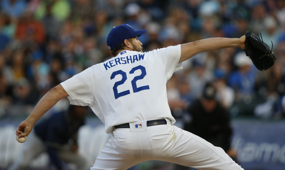 Clayton Kershaw pitches in the second inning of a Triple-A Oklahoma City Dodgers game against the San Antonio Missions Thursday, April 4, 2019, in Oklahoma City. Kershaw is pitching in a rehab assignment for Triple-A affiliate Oklahoma City. (AP Photo/Sue Ogrocki)