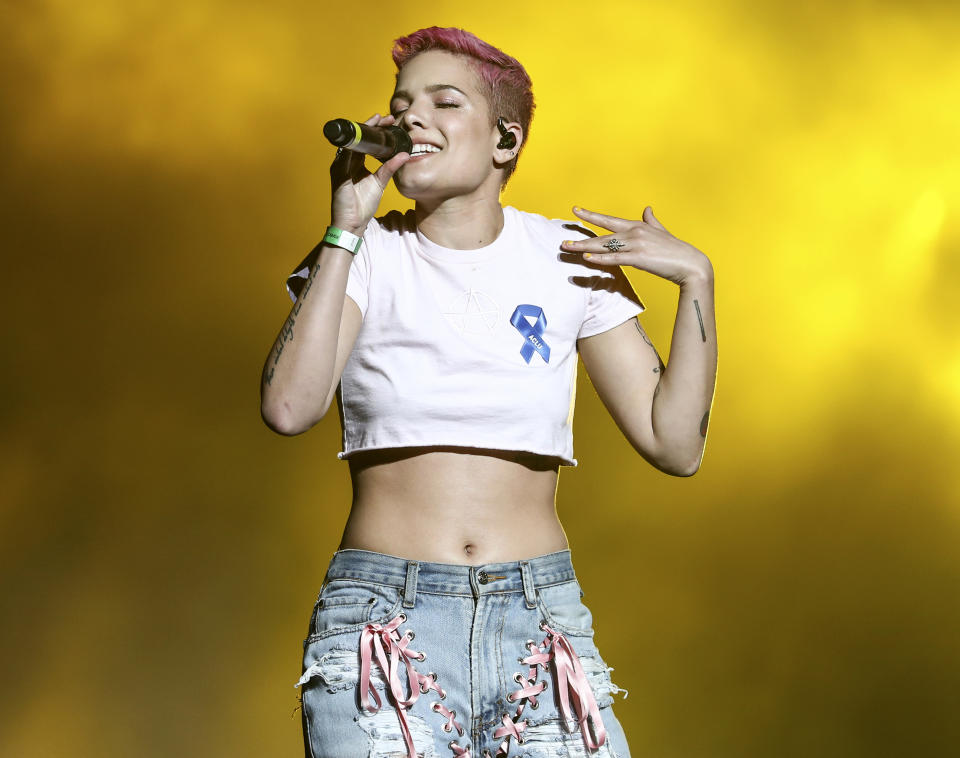 FILE - In this April 3, 2017 file photo, Halsey perform at the Zedd Presents WELCOME! - Fundraising Concert Benefiting The ACLU in Los Angeles. Lady Gaga will perform at the Coachella Valley Music and Arts festival this weekend, marking a decade since a solo woman has been billed as a headliner. Halsey, the Grammy-nominated singer who is readying her second alternative album and had one of last year’s biggest pop hits with “Closer” alongside the Chainsmokers, performed at Coachella last year. (Photo by John Salangsang/Invision/AP, File)