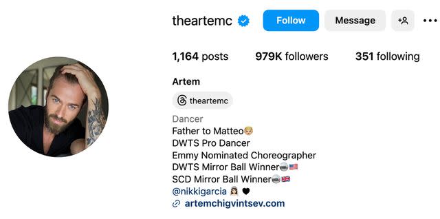 Artem Chigvintsev added a mention of wife Nikki Garcia back to his Instagram bio after his arrest