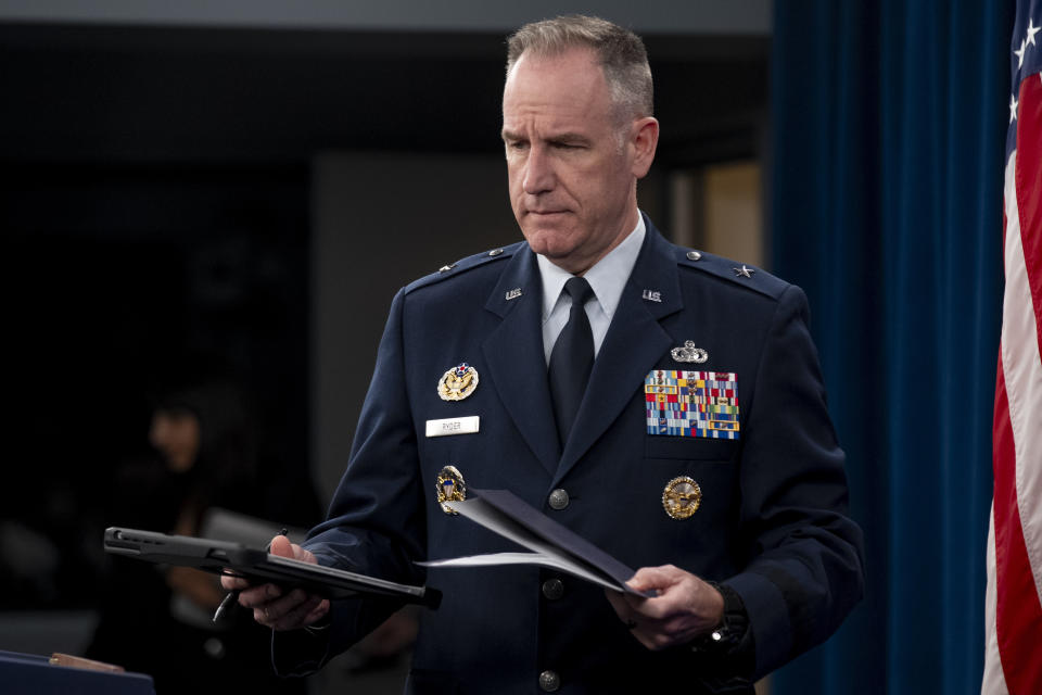 Pentagon spokesman Air Force Brig. Gen. Patrick Ryder arrives for a briefing at the Pentagon in Washington, Thursday, Oct. 19, 2023. (AP Photo/Andrew Harnik)