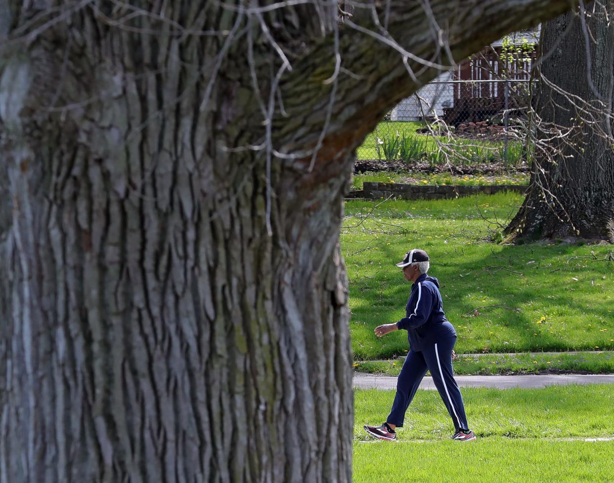 A visitor walks around Hardesty Park, one of the areas in Akron with a higher tree population, on April 16.