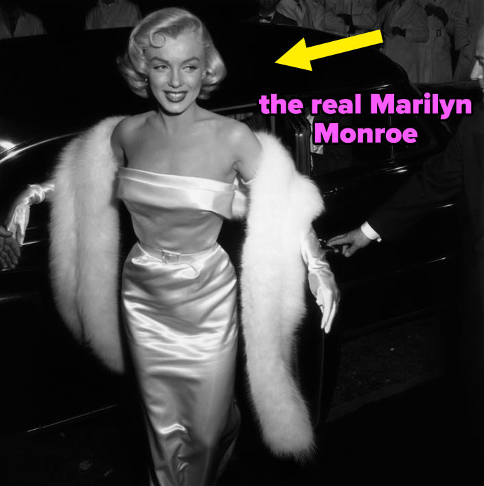 The real Marilyn stepping out of a car wearing a strapless dress, stole, and opera gloves