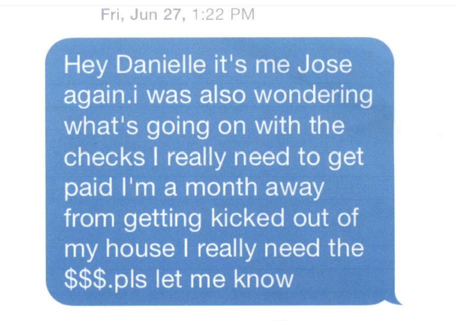 Screenshot of a text message that state officials say was sent by a Caliente Cantina employee.