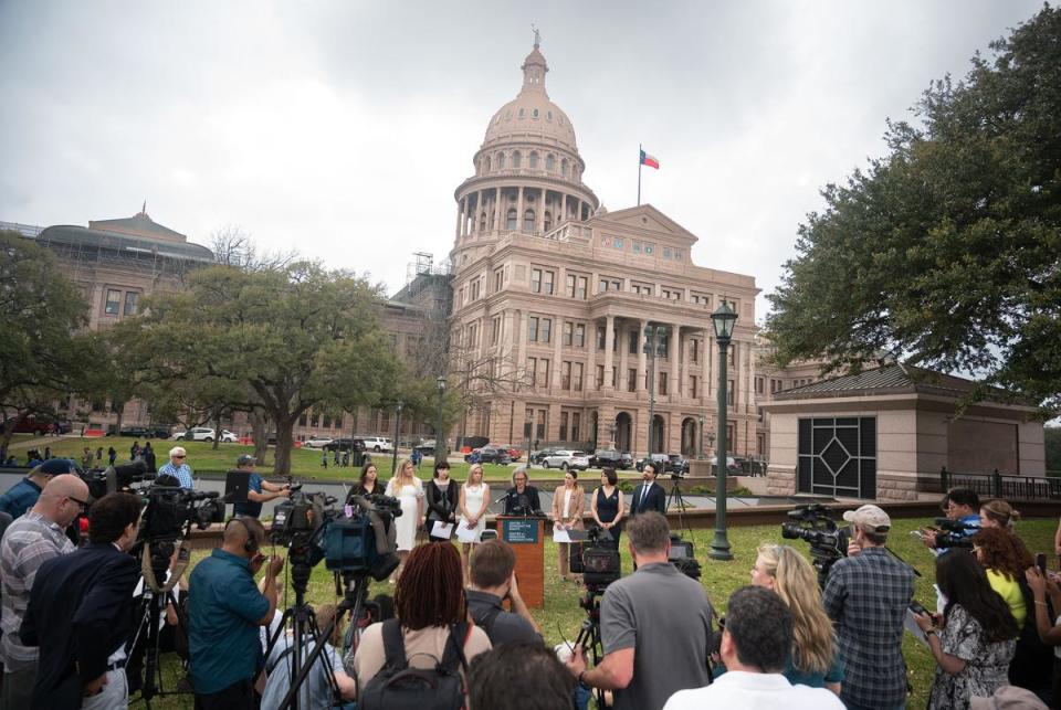 President of Center for Reproductive Rights Nancy Northup speaks at a press conference announcing the filing of Zurawski v. State of Texas, at the Capitol on March 7, 2023. The lawsuit demands clarity from the state on what constitutes a “medical emergency” exception to abortion bans.