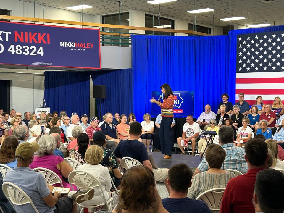 Republican presidential candidate Nikki Haley speaks to crowd of 200 voters Saturday at a town hall event held at the Horizon Events Center in Clive.