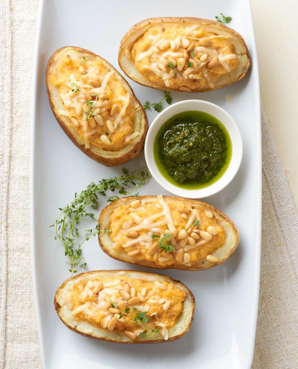 Go green (basil pesto) or red (sun-dried tomato pesto) to make this next-level twice-baked mashed potatoes recipe. Pesto mashed potatoes are stuffed inside a baked potato shell for a starchy side dish you'll crave again and again.