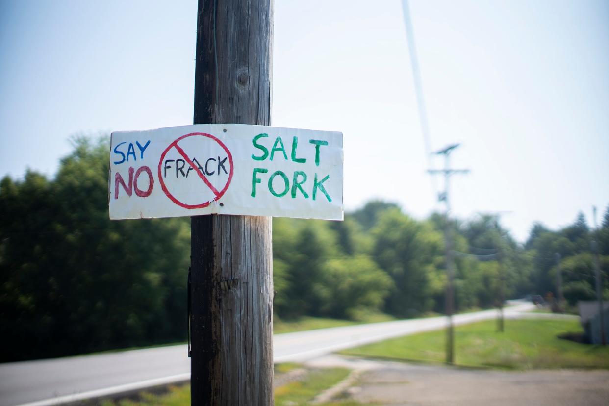 A "no fracking" sign on the way in to Salt Fork State Park. Applications have come in to frack beneath Salt Fork State Park in Guernsey County and Wolf Run State Park in Noble County